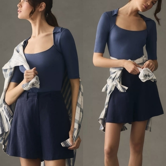 Anthropologie Collared Square Neck Tee in Navy Blue Size XL NWT - Picture 1 of 8